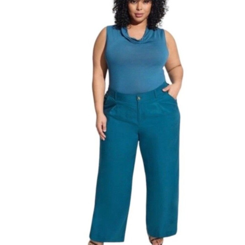 Torrid Studio Linen Blazer and Linen High Rise Pant Suit Set Blue Teal Sz 5X-20R - Picture 9 of 16